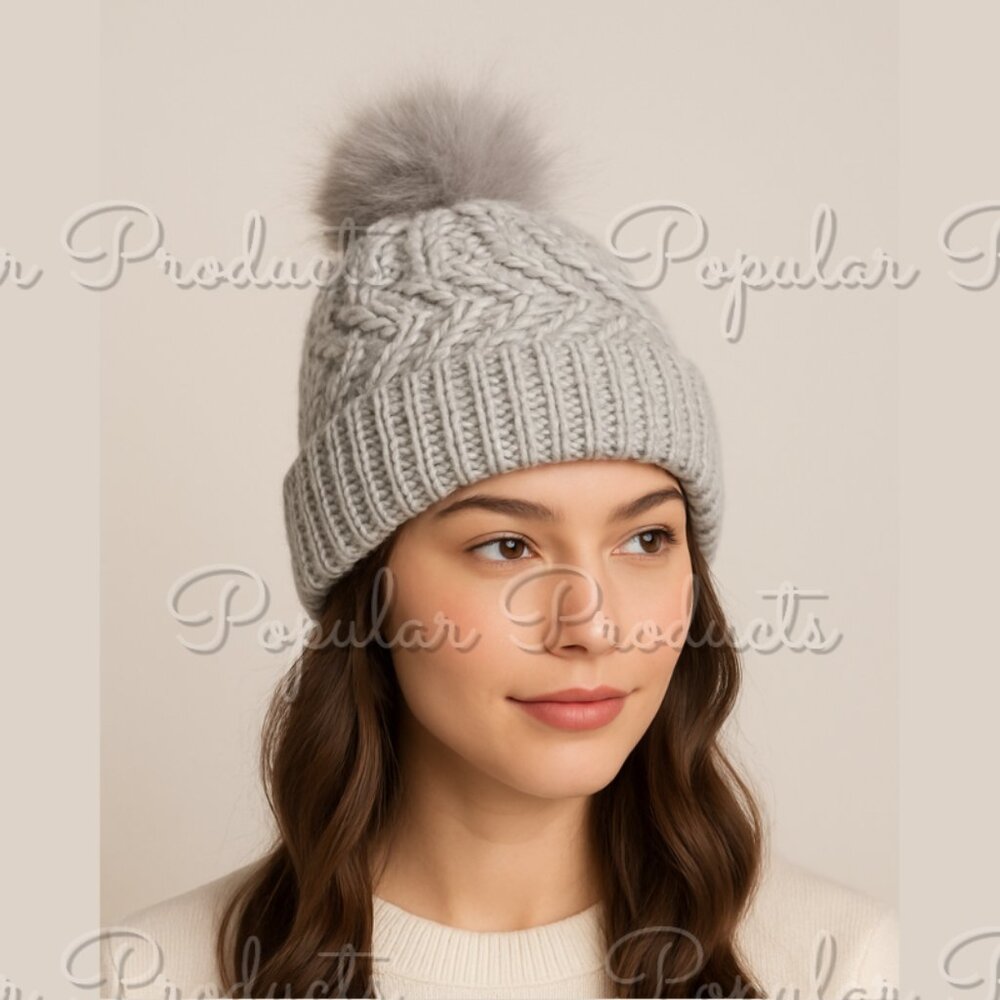 Knit Pom-Pom Hat, Gray